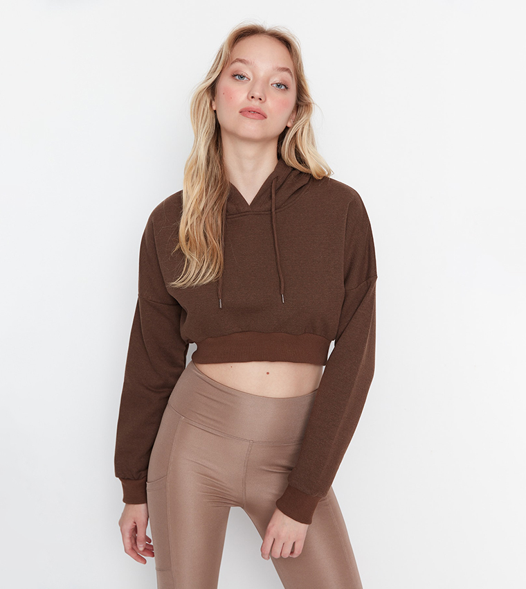 Buy Trendyol Hooded Sports Crop Sweatshirt In Brown | 6thStreet UAE