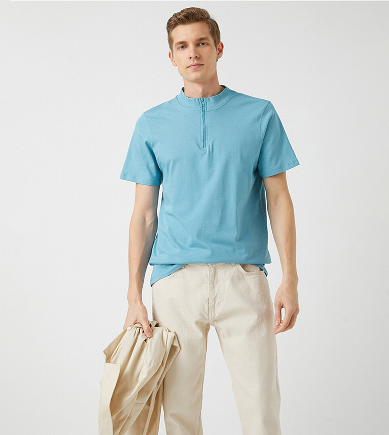 Zipper Collar Basic Polo T-Shirt