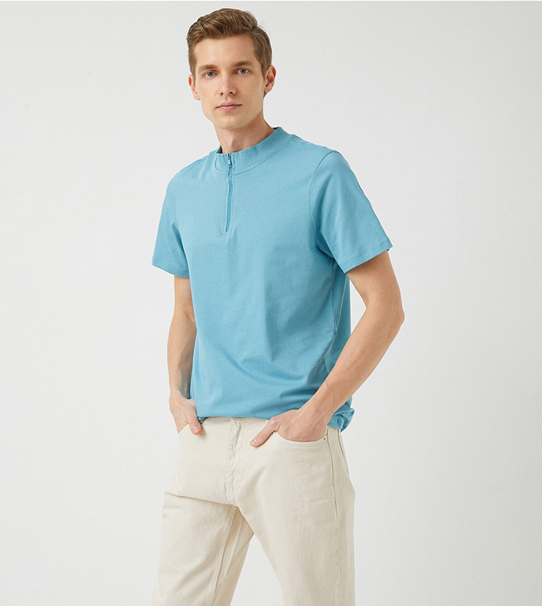 Zipper Collar Basic Polo T-Shirt