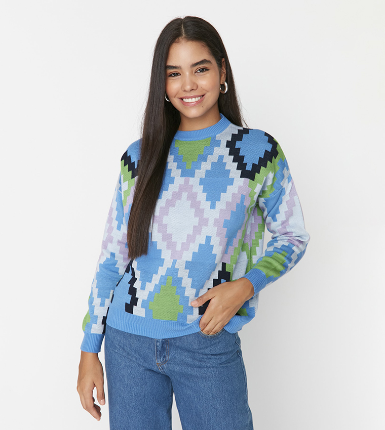 Buy Trendyol Argyle Long Sleeve Sweater In Blue 6thStreet UAE