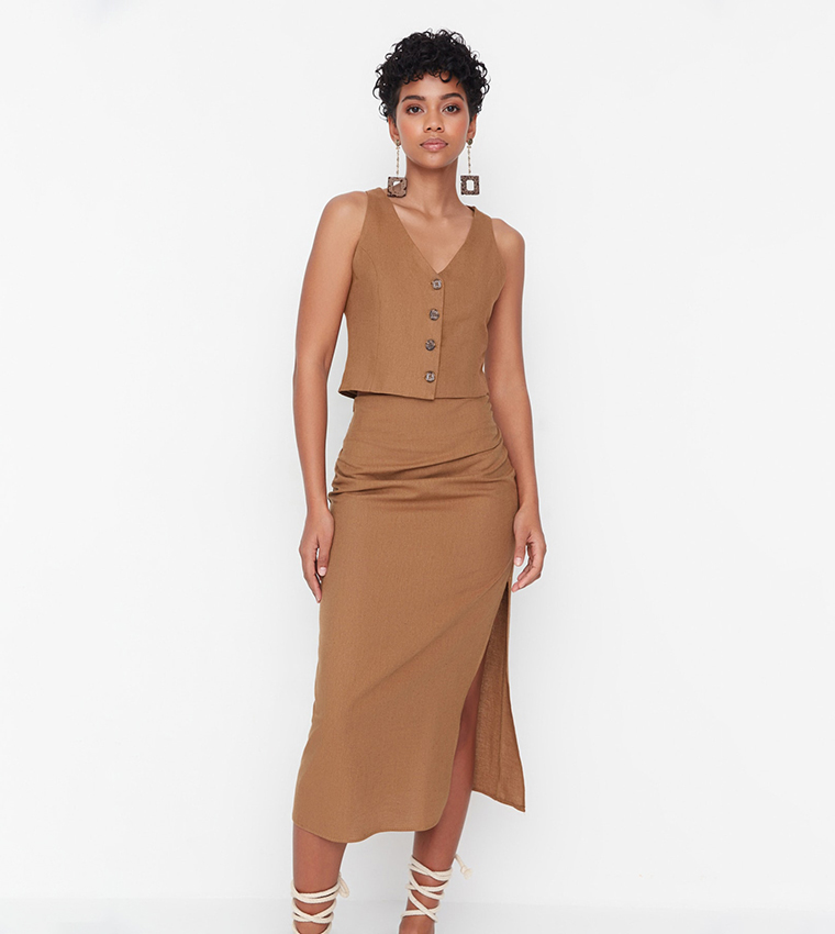 Solid Belted Midi Skirt