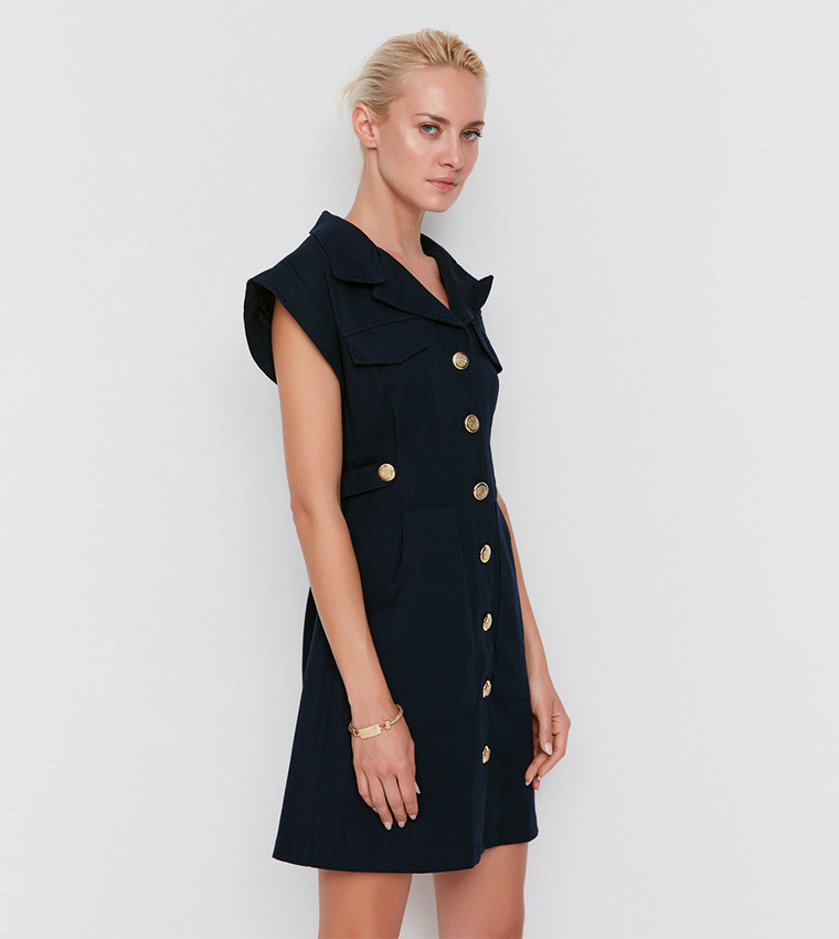 Buy Trendyol Outlet Camp Collar A Line Mini Dress In Navy