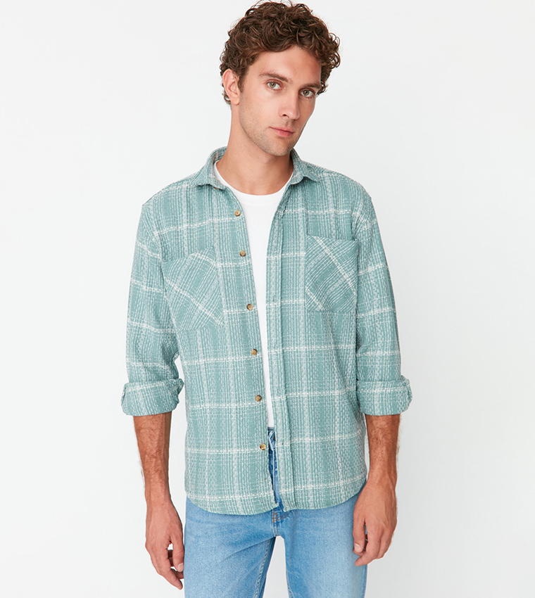 mint green plaid shirt
