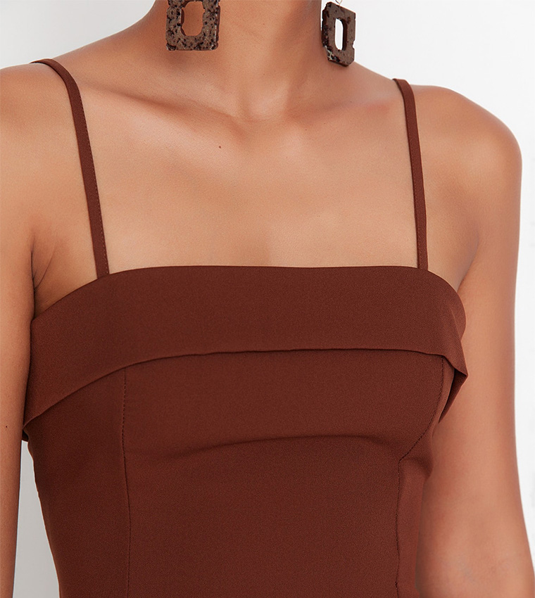 Buy Trendyol Solid Mini Slit Dress In Brown | 6thStreet Oman