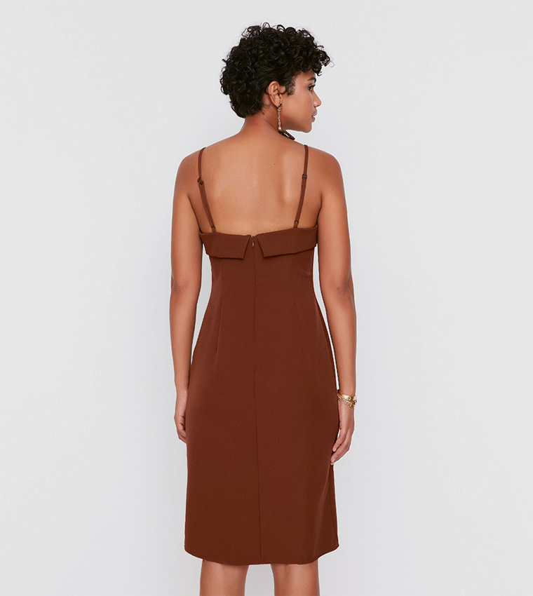Buy Trendyol Solid Mini Slit Dress In Brown | 6thStreet Oman