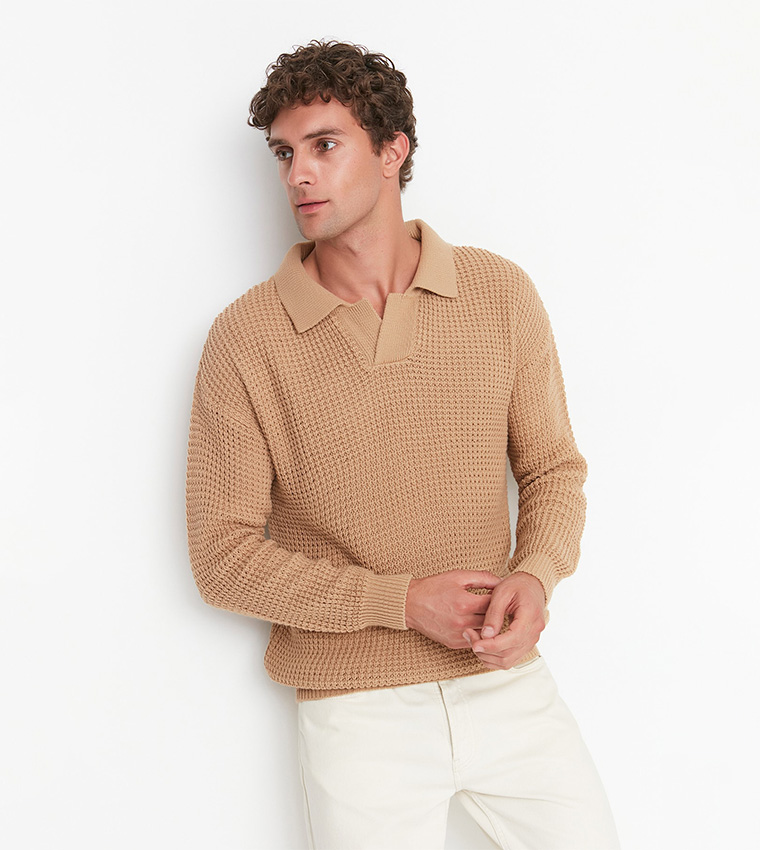 Men's Fleece Polo Collar Plaid Sweater main image 1