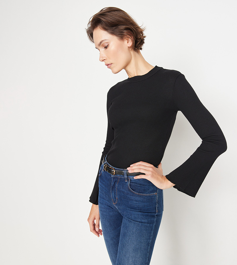 Flared Sleeves Knitted Snap Bodysuit Top