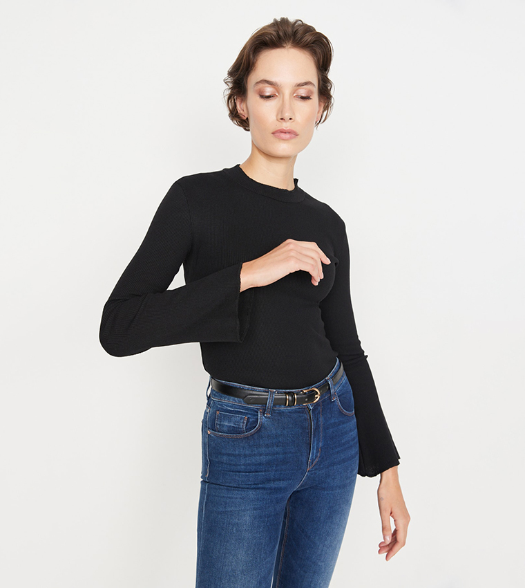 Flared Sleeves Knitted Snap Bodysuit Top