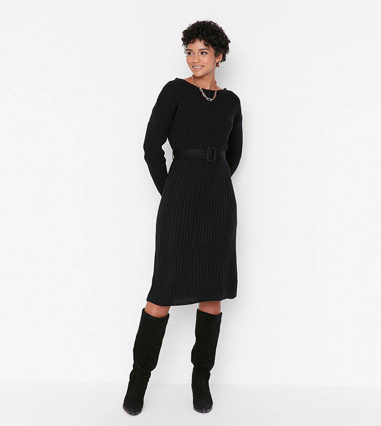 Buy Trendyol Ribbed Belted Midi Dress In Black | 6thStreet Qatar