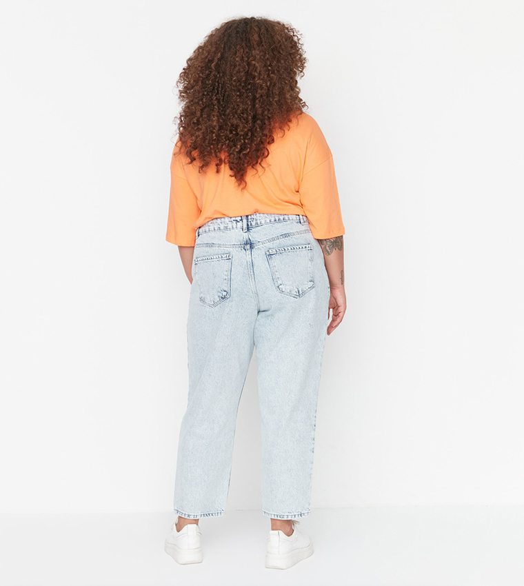 Buy Trendyol High Waist Embroidered Mom Jeans In Blue 6thStreet Kuwait