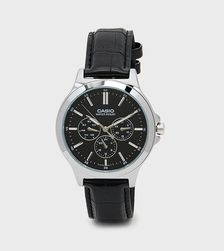 Black Dial Leather Strap Chronograph Watch