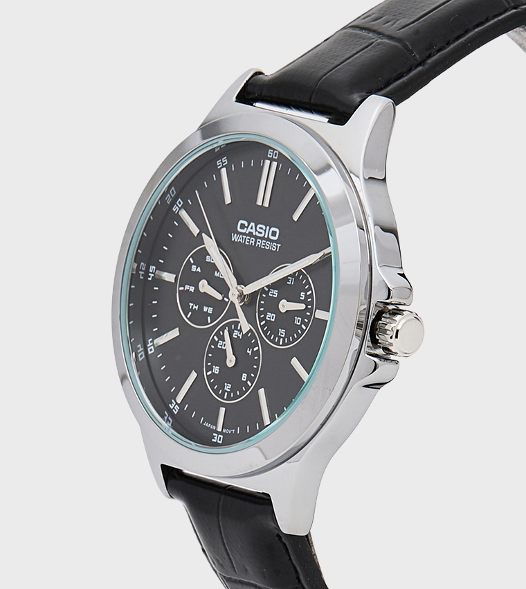 Black Dial Leather Strap Chronograph Watch