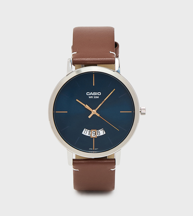 Blue Dial Leather Strap Analog Watch