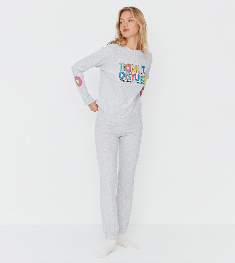 Buy Trendyol Slogan Printed Regular Night Suit In Grey | 6thStreet Kuwait