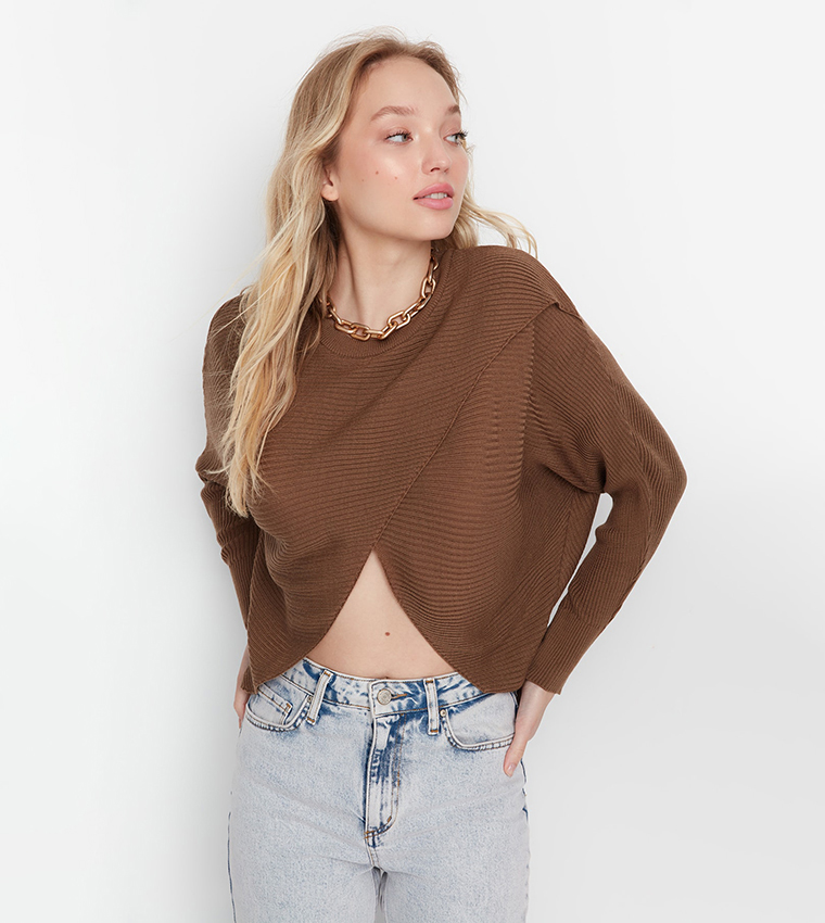 Buy Trendyol Oversized Cross Over Sweater In Brown 6thStreet Kuwait