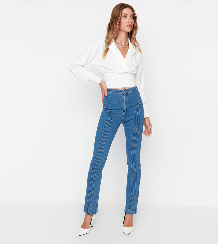 Buy Trendyol Stitch Detailed High Waist Slim Fit Flare Jeans In Blue