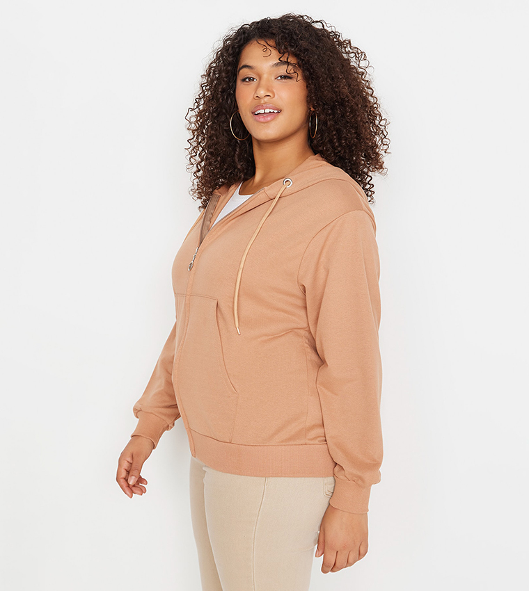 Buy Trendyol Zip Through Knitted Hoodie In Mink | 6thStreet UAE