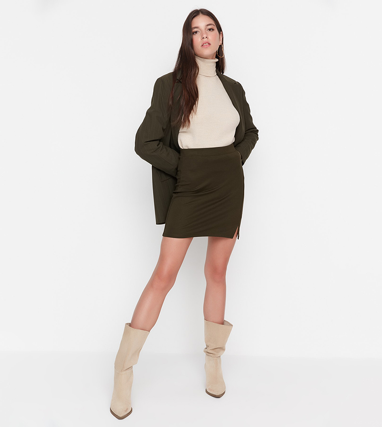 Buy Trendyol Basic Slit Knitted Mini Skirt In Khaki 6thStreet Bahrain