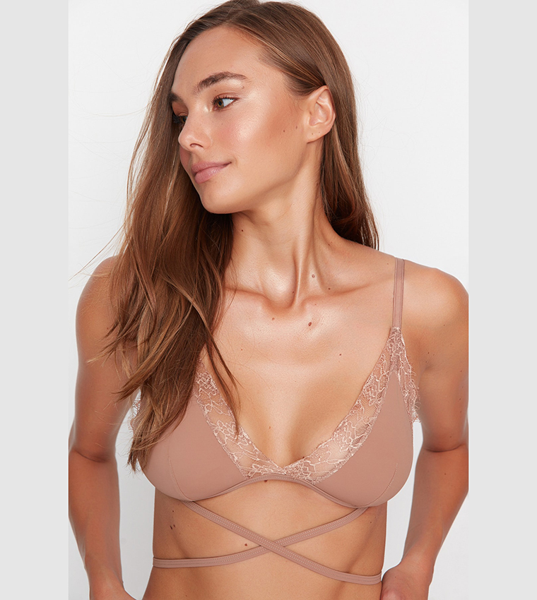 Buy Trendyol Piping And Lace Detailed Satin Bra In Brown