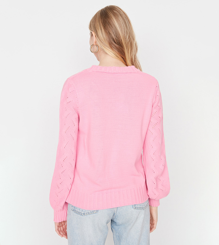 Striped Balloon Sleeve Sweater - Red/Light Pink