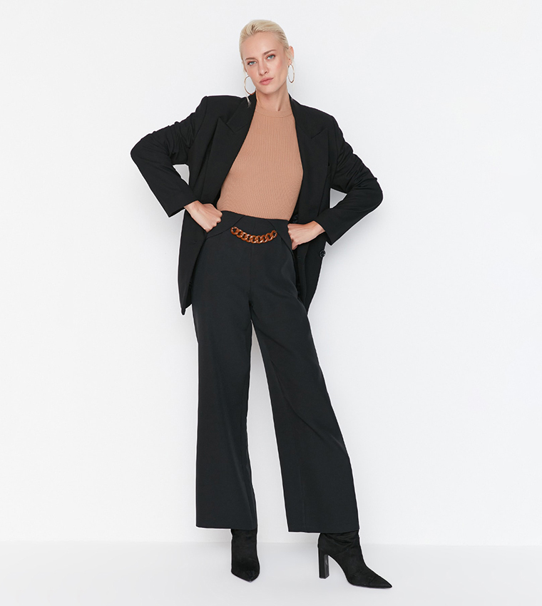 High Waisted Woven Wide Leg Trousers