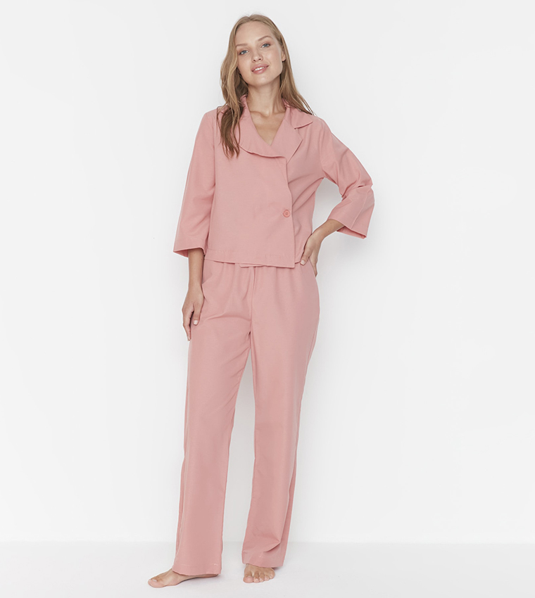 Double Breasted Collar Terry cotton Woven Pajamas Set
