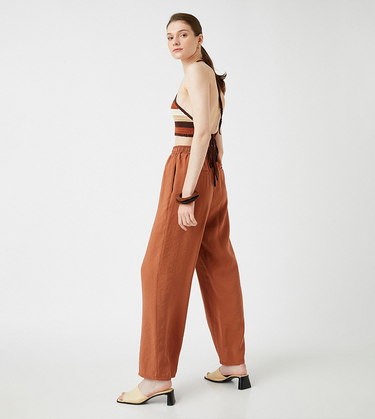 Buy Koton Wide Leg Tie Waist Trousers In Brown 6thStreet Qatar