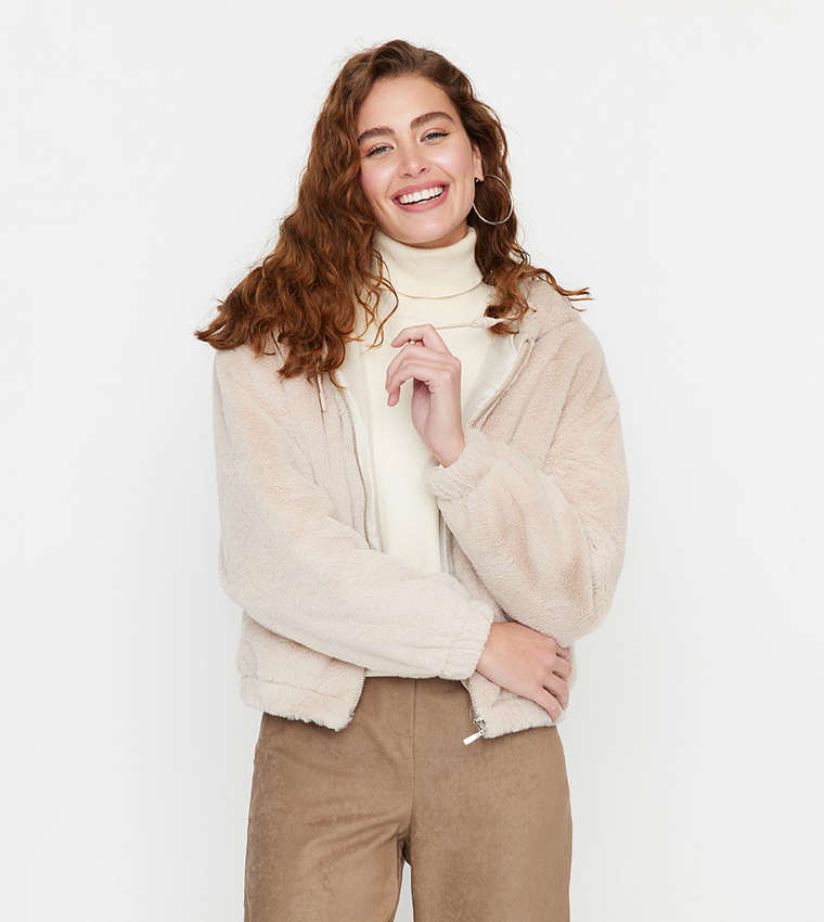 Buy Trendyol Plush Hooded Cropped Jacket In Beige 6thStreet Bahrain