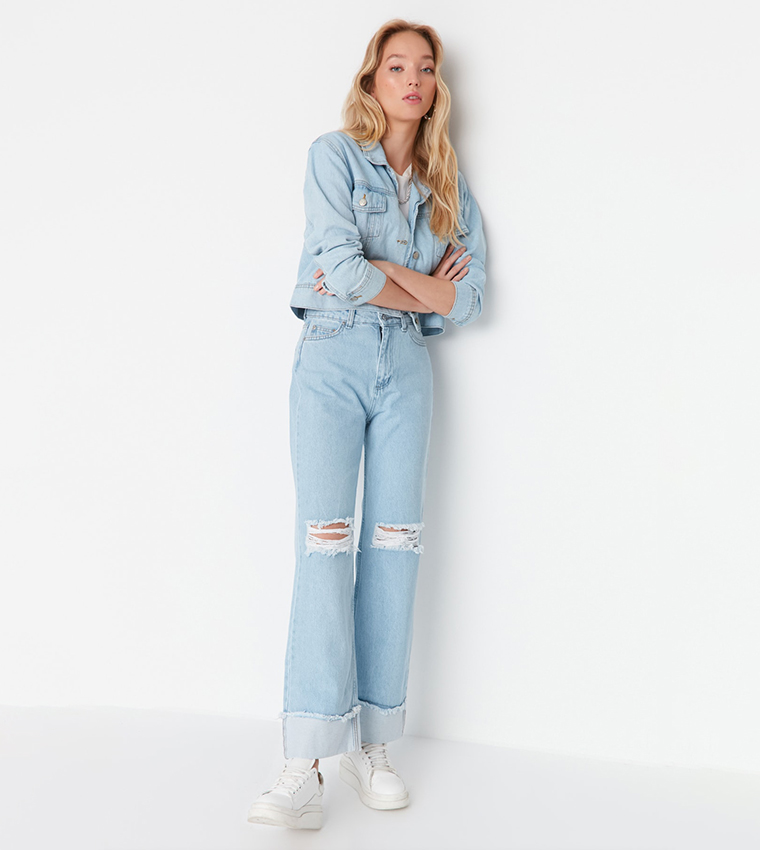 Buy Trendyol Ripped Folded High Rise 90's Wide Leg Jeans In Blue ...