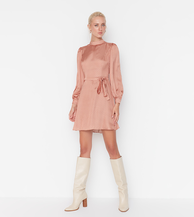 Buy Trendyol Printed High Neck Puff Sleeve Mini Cinched Waist Dress In
