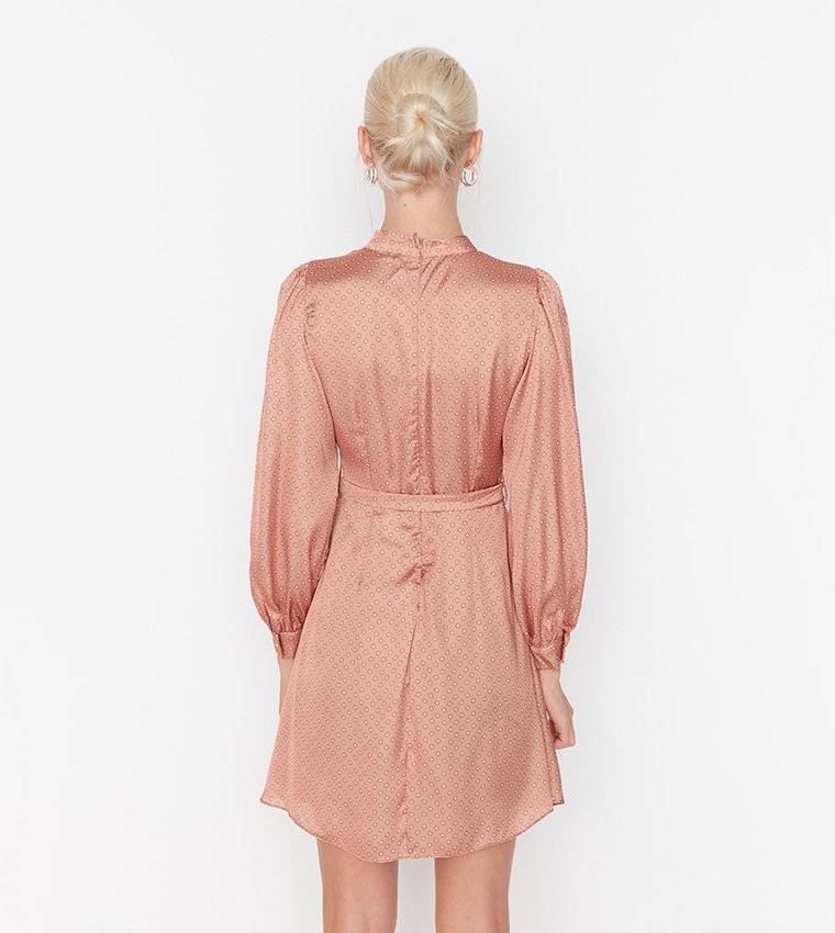 Buy Trendyol Printed High Neck Puff Sleeve Mini Cinched Waist Dress In