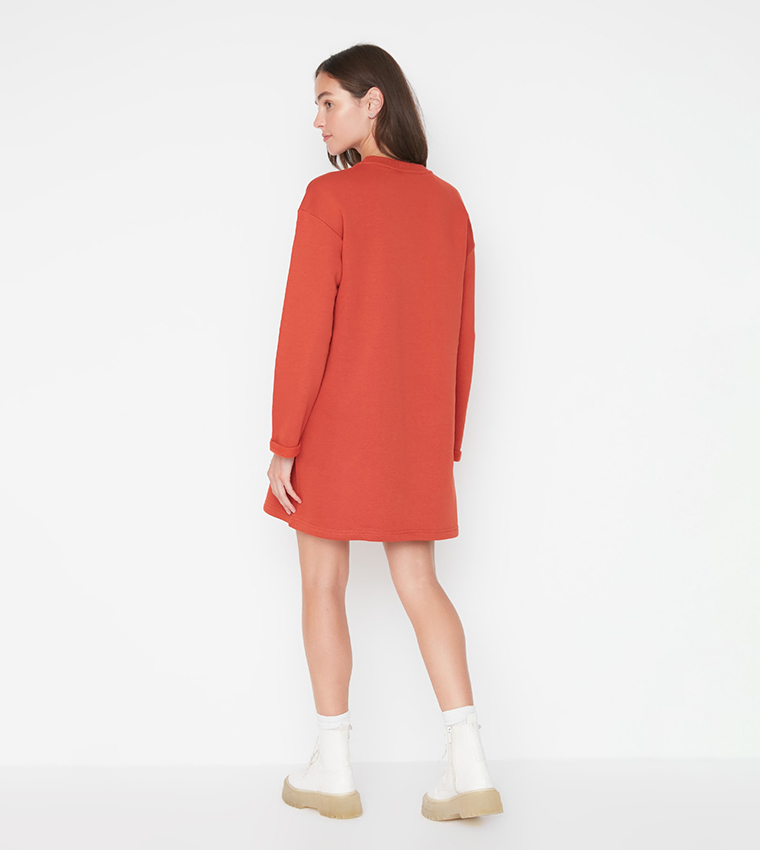 Buy Trendyol Solid Round Neck Long Sleeve Shift Dress In Orange | 6thstreet  Oman