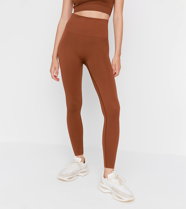 Buy Trendyol Solid High Rise Active Tights In Brown
