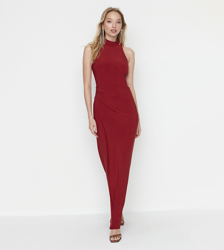 Buy Trendyol Halter Neck Evening Graduation Maxi Dress In Maroon 6thStreet Qatar