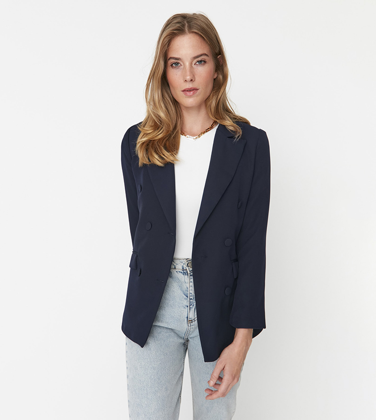 Buy Trendyol Button Detailed Double Breasted Blazer In NAVY BLUE ...