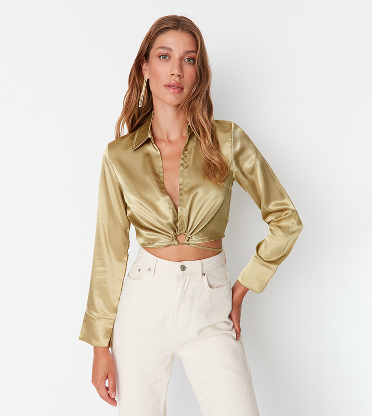 Shirt Collar Tie Up Casual Top