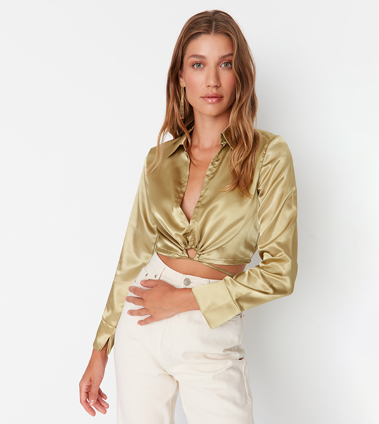 Shirt Collar Tie Up Casual Top