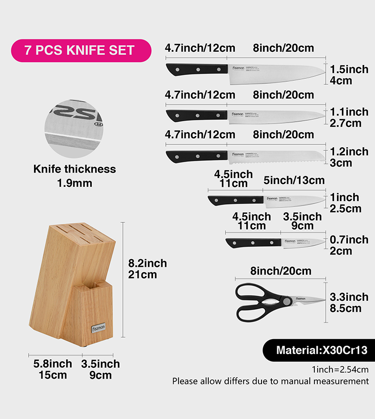 7-Piece Knife Set Kanematsu with Wooden Block X30Cr13 Steel
