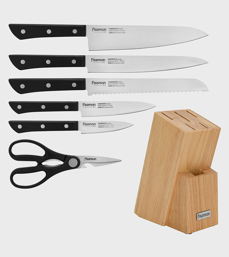 7-Piece Knife Set Kanematsu with Wooden Block X30Cr13 Steel
