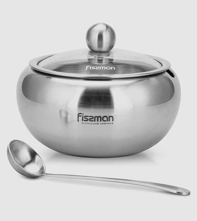 Buy Fissman Sugar Bowl With Glass Lid And Spoon Stainless Steel 560ml