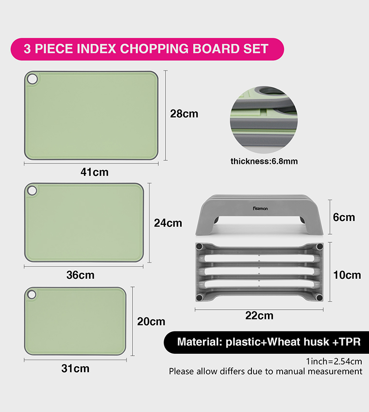 3-Piece Chopping Boards with Holder, 41x28 cm, 36x24 cm, 31x20 cm