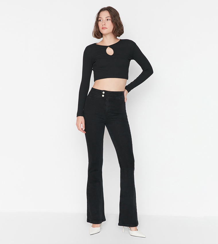 Buy Trendyol Buttoned High Waist Flared Jeans In Black