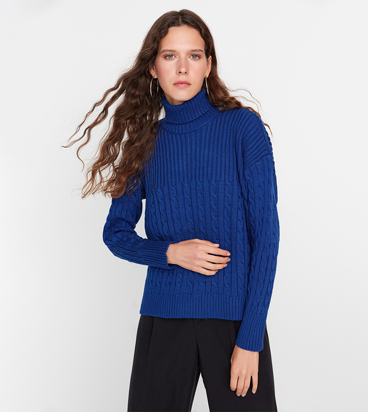 Buy Olalook Ribbed Turtleneck Long Sleeves Knitted Sweater In Blue