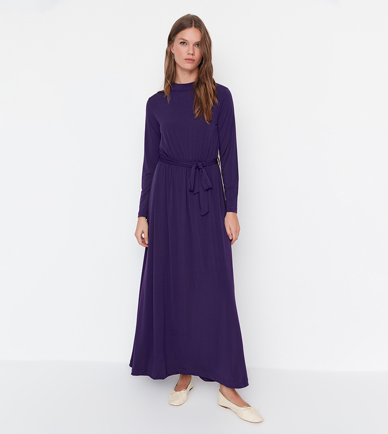 Buy Trendyol Tie Waist Knitted Ankle Length Dress In Purple | 6thstreet  Bahrain