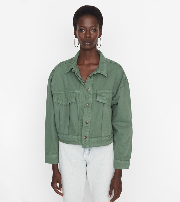 Buy Trendyol Pocket Detailed Crop Denim Jacket In Khaki