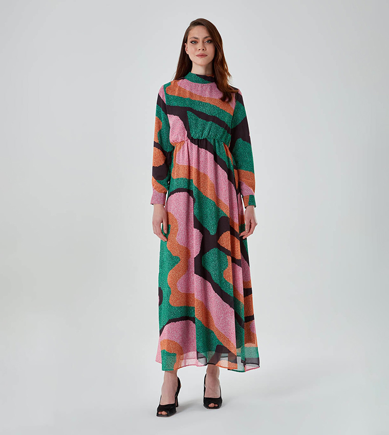 Patterned Mock Neck Maxi Dress