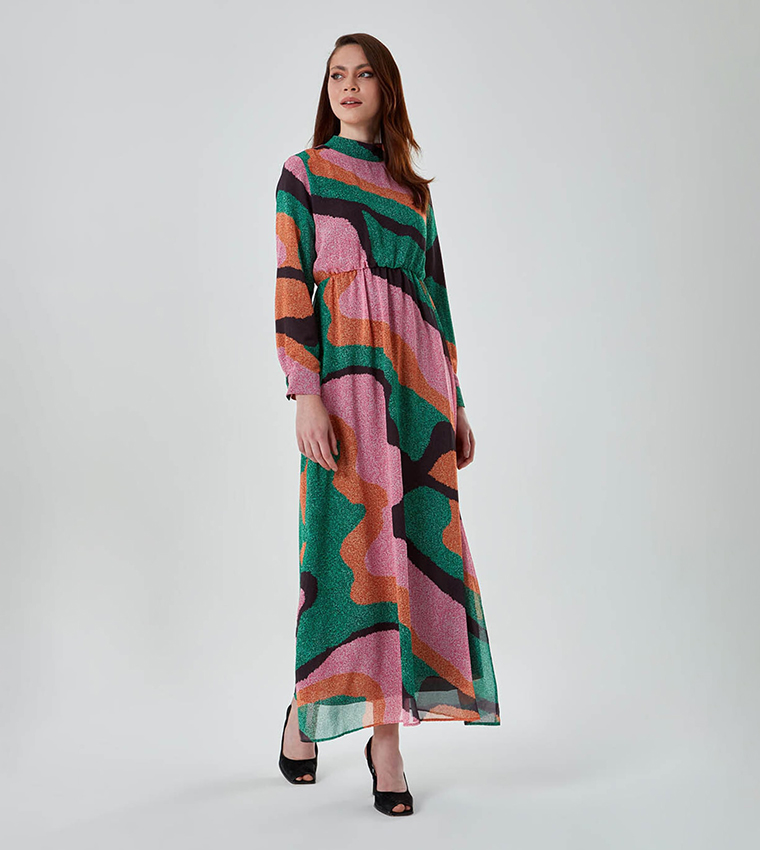 Patterned Mock Neck Maxi Dress