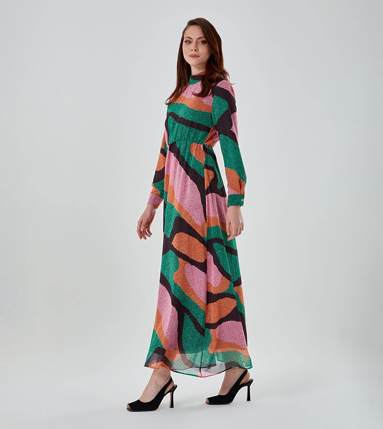 Patterned Mock Neck Maxi Dress