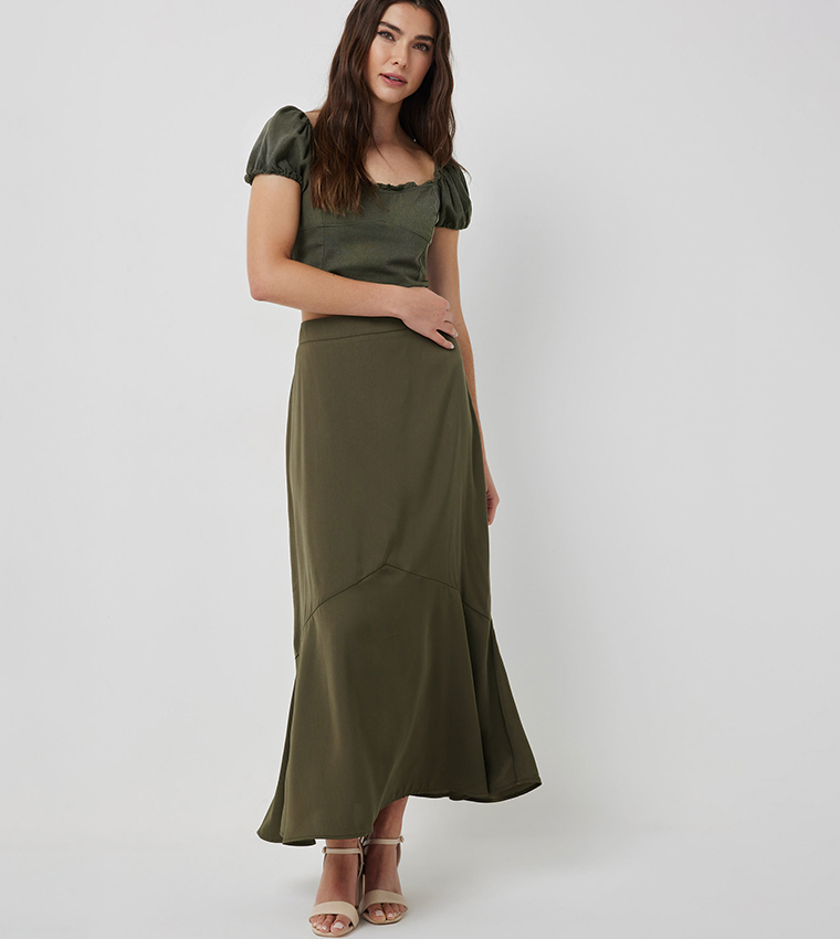 Solid Elastic Waist Maxi Skirt