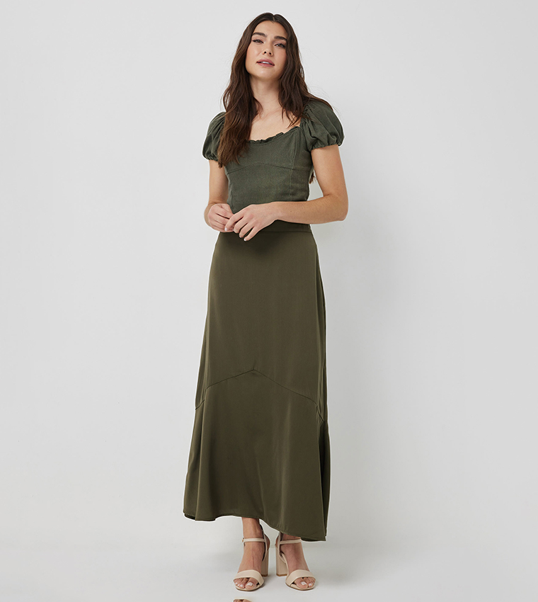 Solid Elastic Waist Maxi Skirt